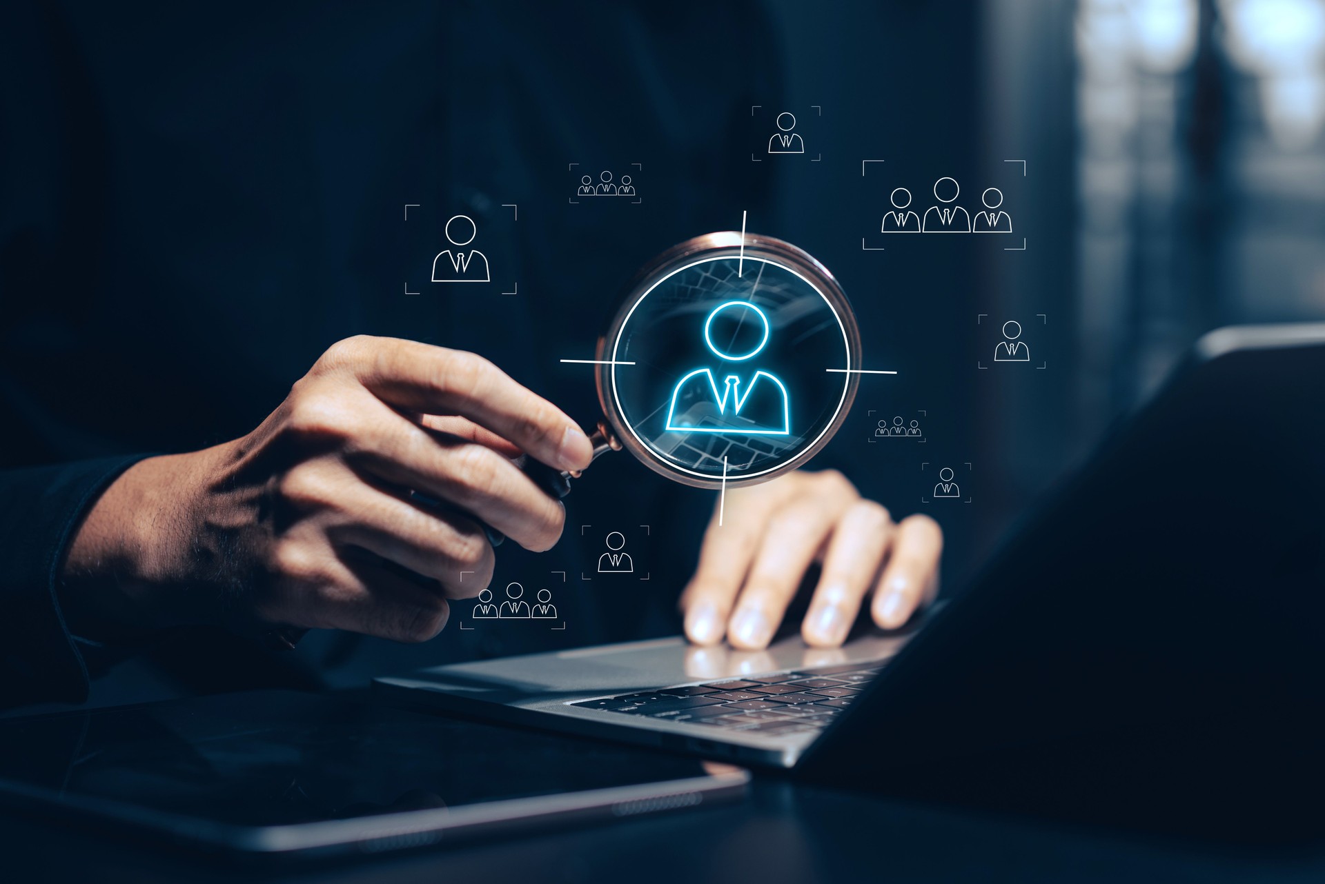 Businessman holding a magnifying glass over a laptop, focusing on holographic people icons symbolizing recruitment, talent acquisition, HR management, team building, and employee search. This conceptual image represents human resources.